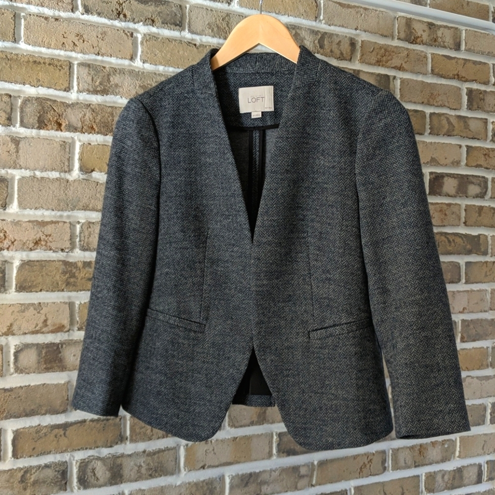 Wool herringbone lapelless business blazer